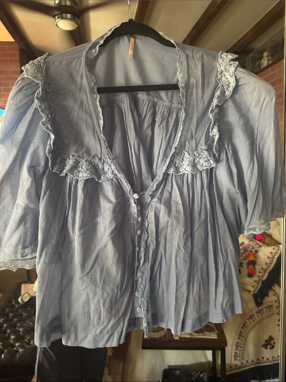 Free People’s light Blue Ruffle-Trim Women's Button Front Top